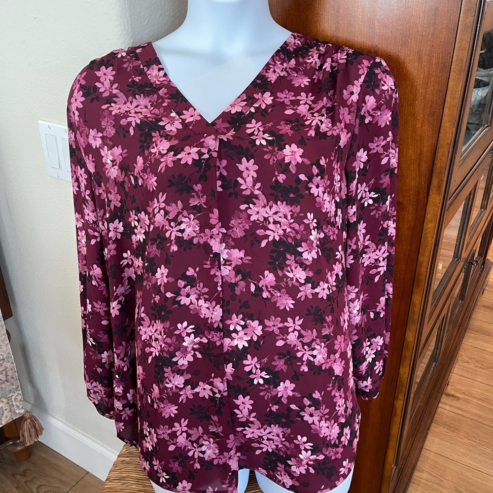 Anne Klein Burgundy Floral V-Neck Blouse